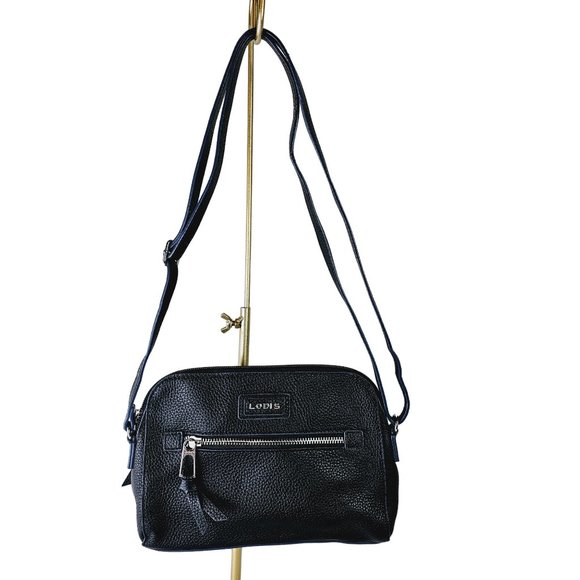 LODIS Charlotte Pebble Black w/ Navy Trim Leather Medium Crossbody Bag Handbag - Picture 2 of 8